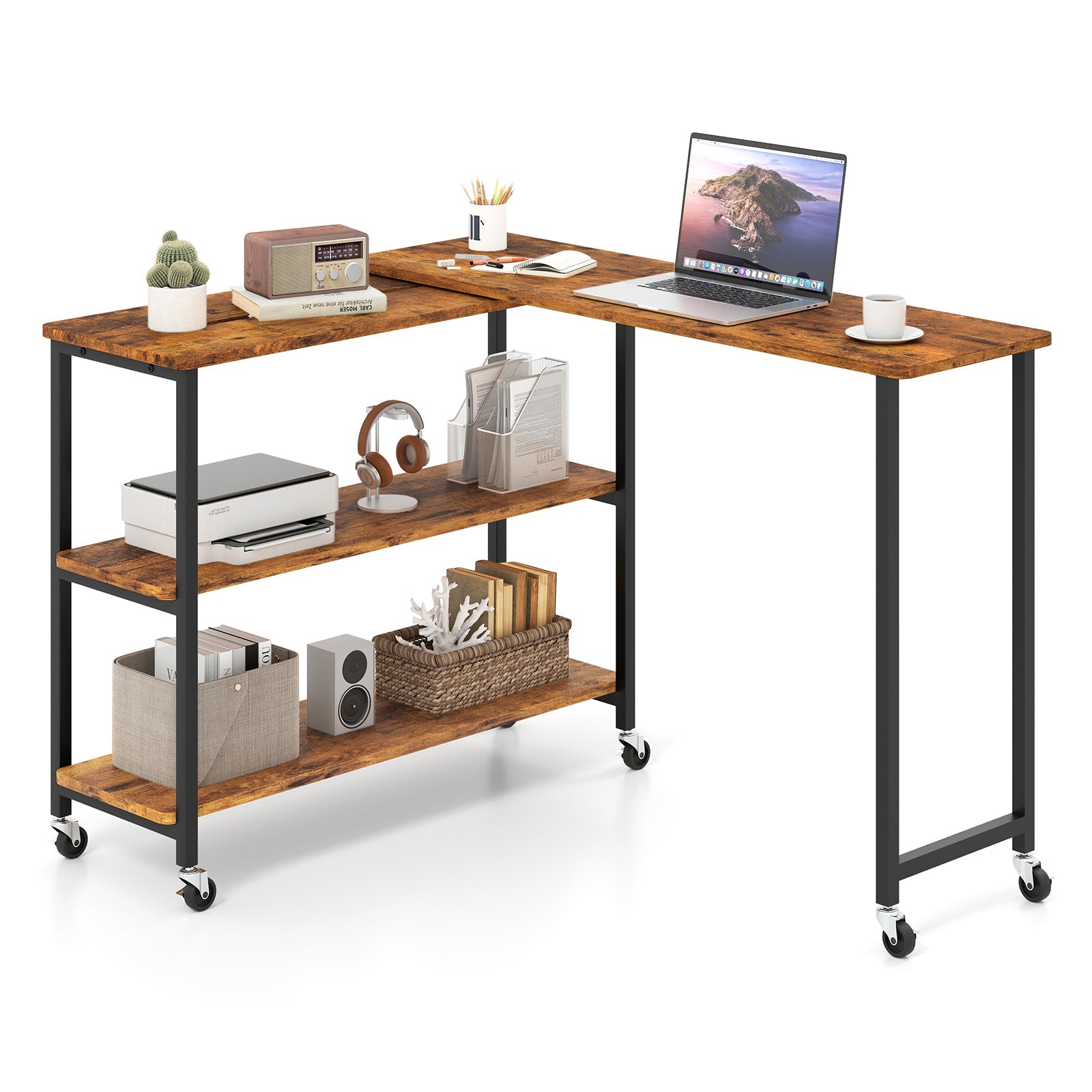 Tangkula Large Mobile Couch Table with 2-Tier Storage Shelves