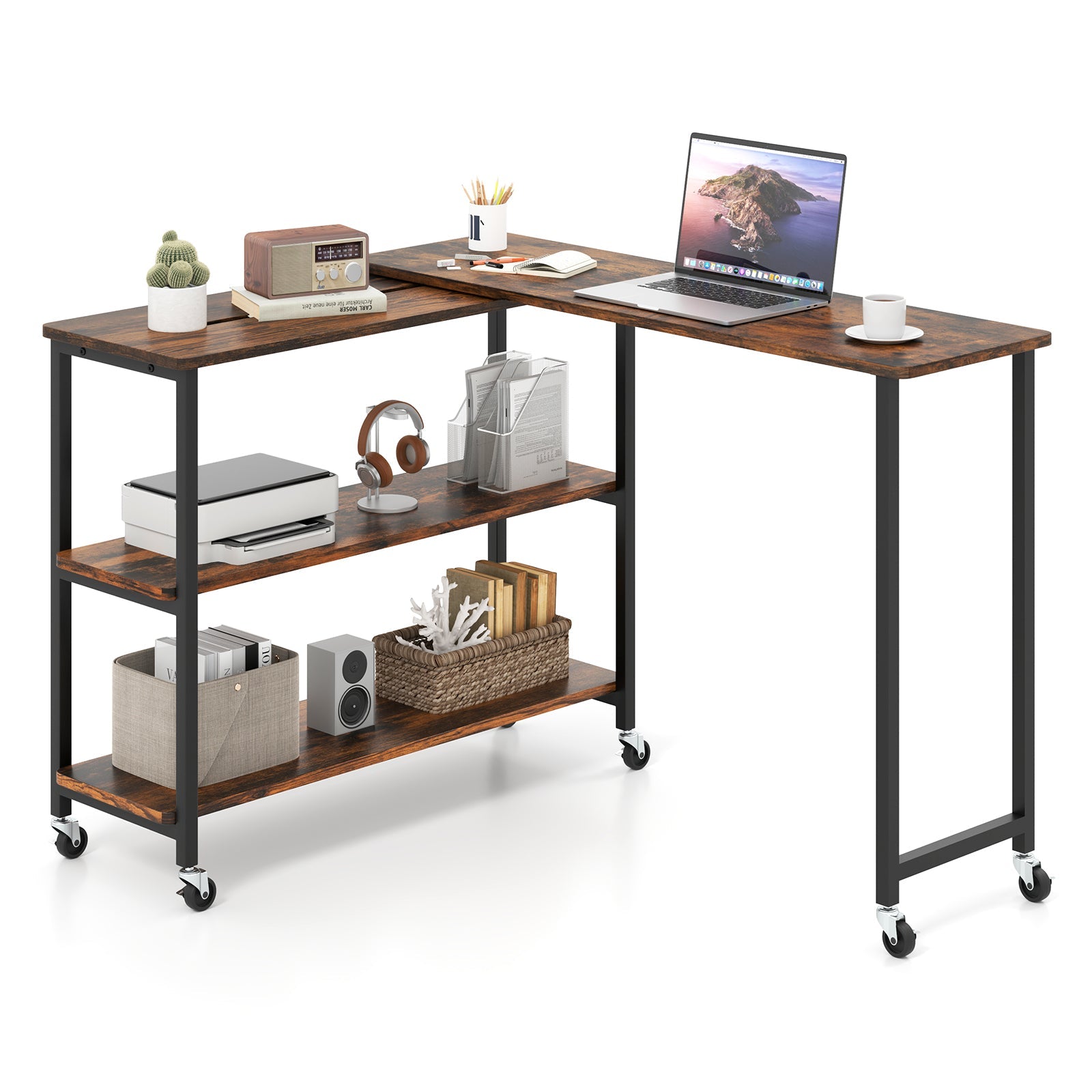 Tangkula Large Mobile Couch Table with 2-Tier Storage Shelves