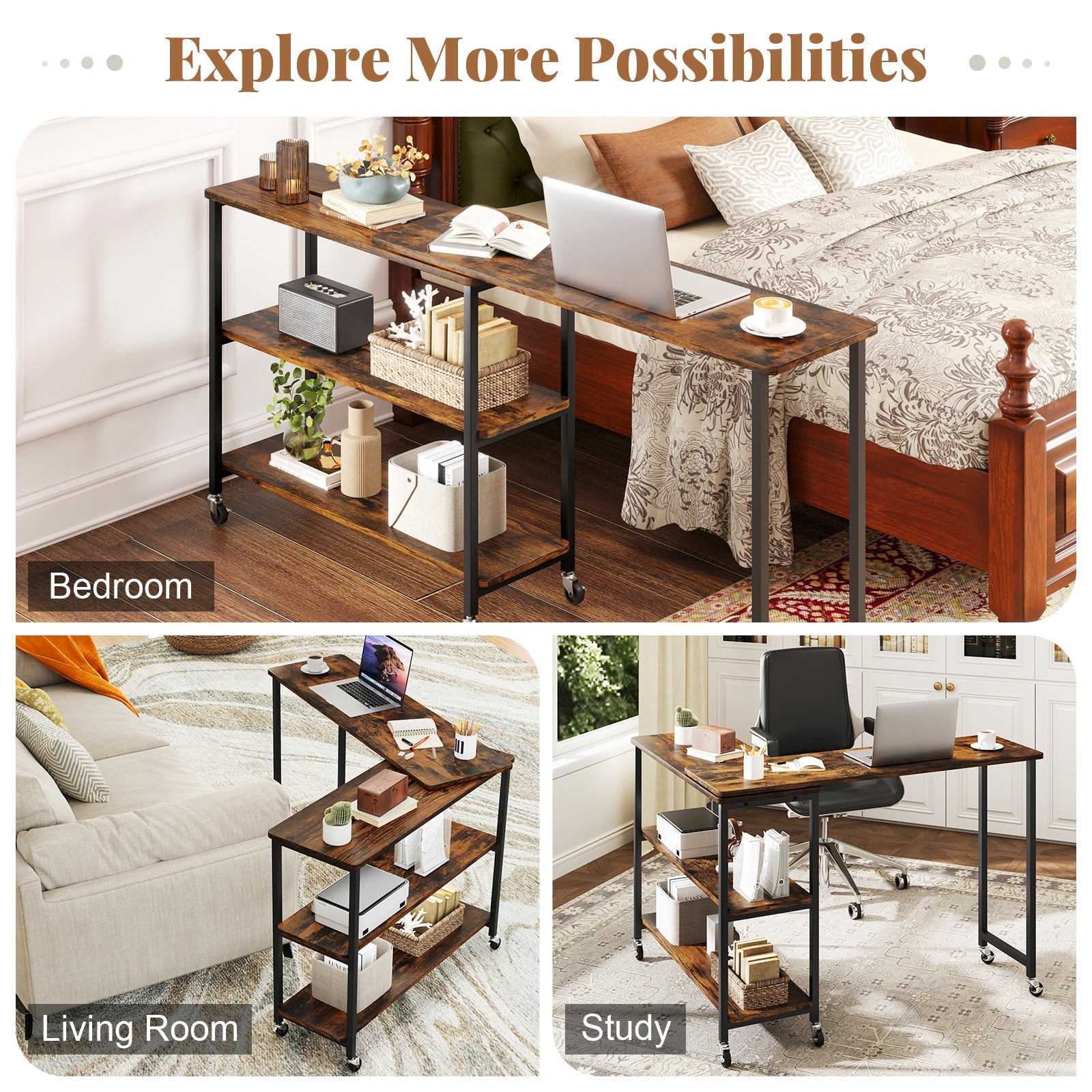 Tangkula Large Mobile Couch Table with 2-Tier Storage Shelves