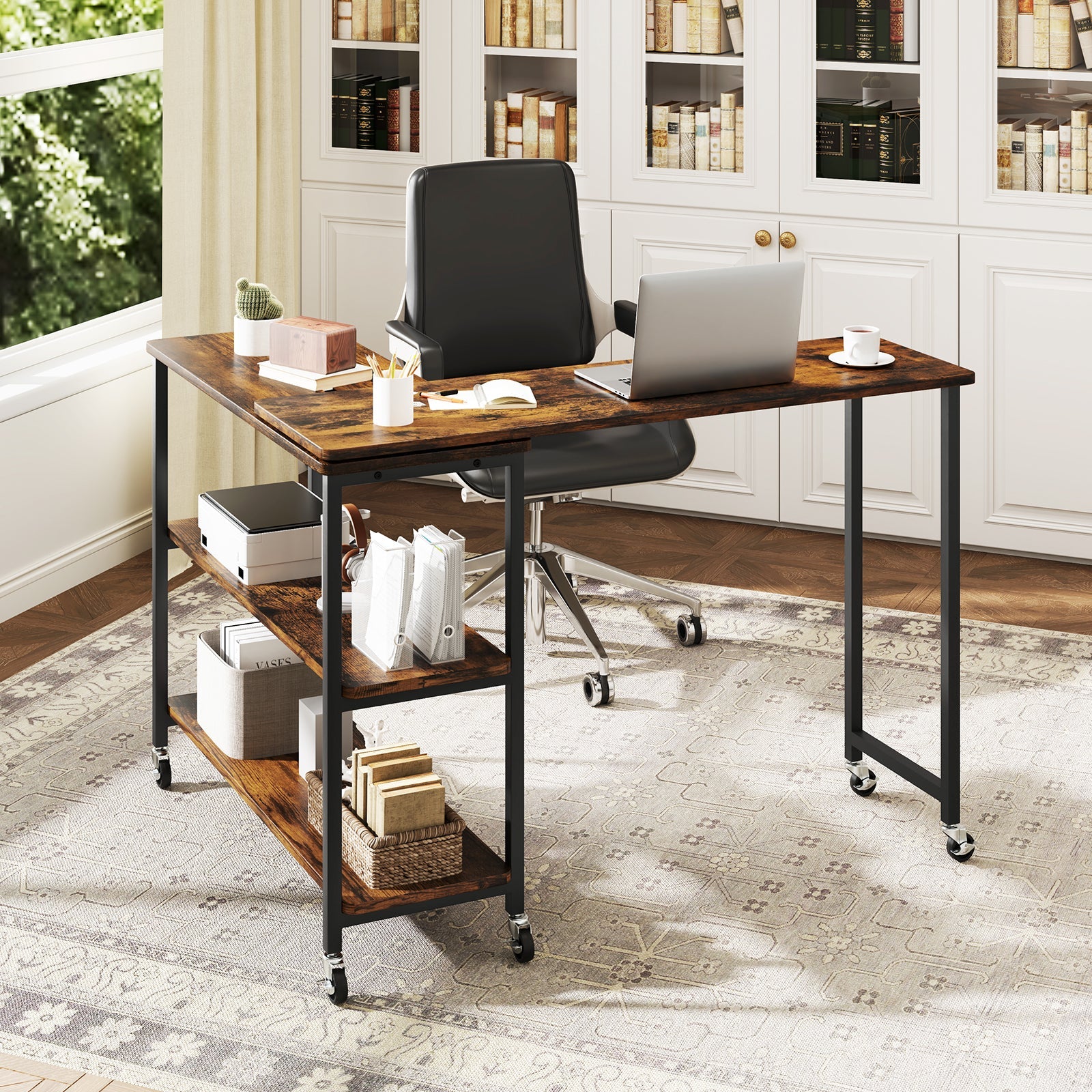 Tangkula Large Mobile Couch Table with 2-Tier Storage Shelves