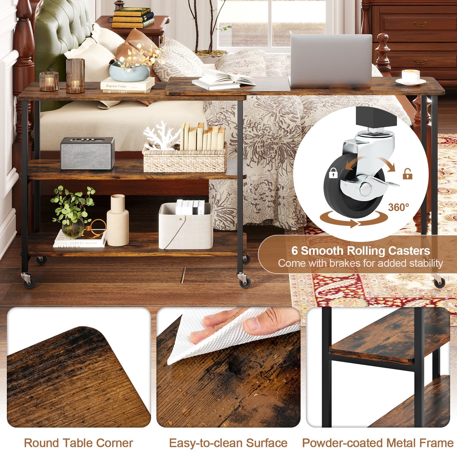 Tangkula Large Mobile Couch Table with 2-Tier Storage Shelves