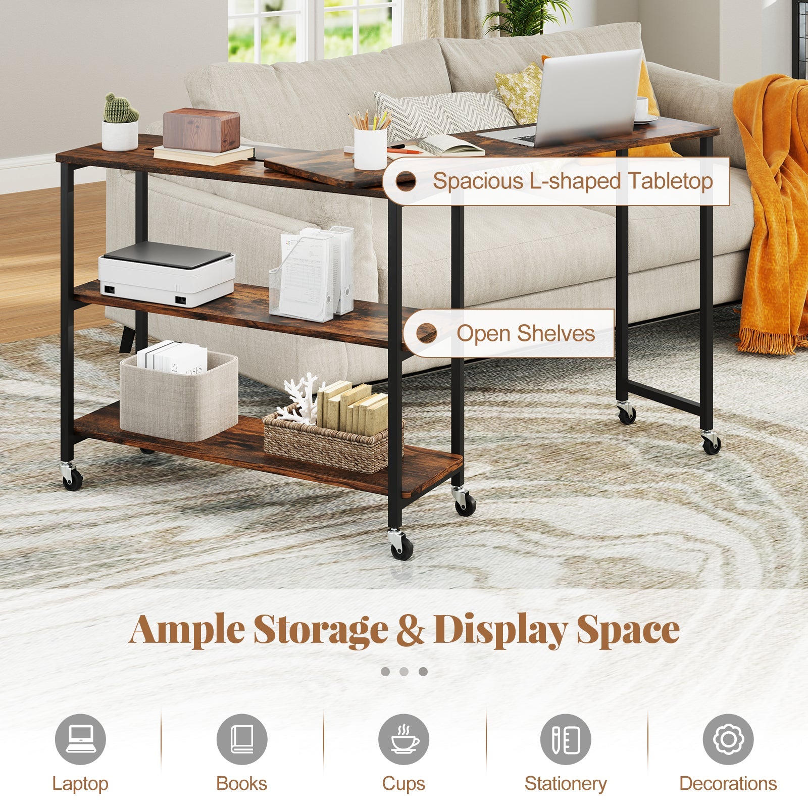 Tangkula Large Mobile Couch Table with 2-Tier Storage Shelves