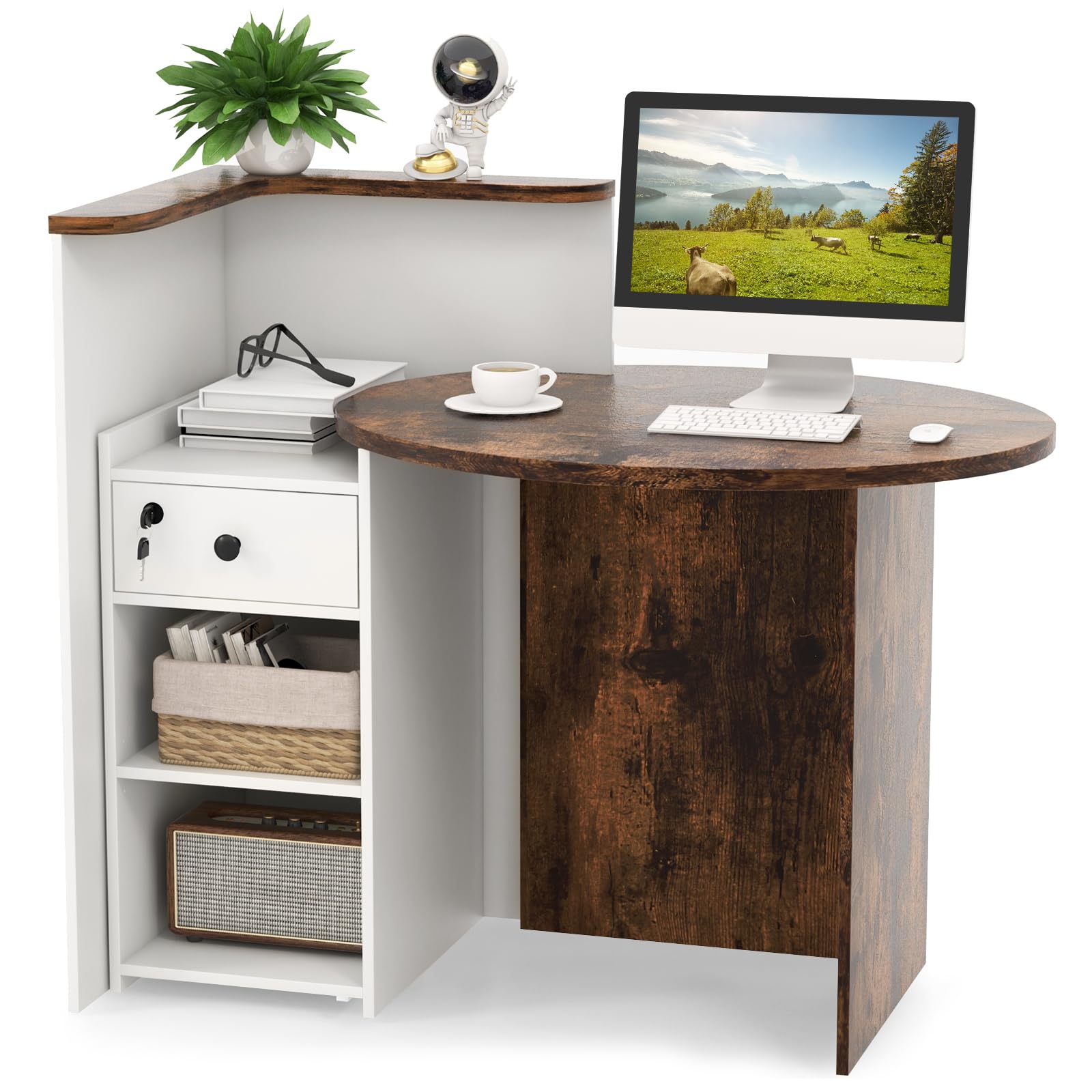 Tangkula Reception Desk, Front Counter Desk with Lockable Drawer & Adjustable Shelf