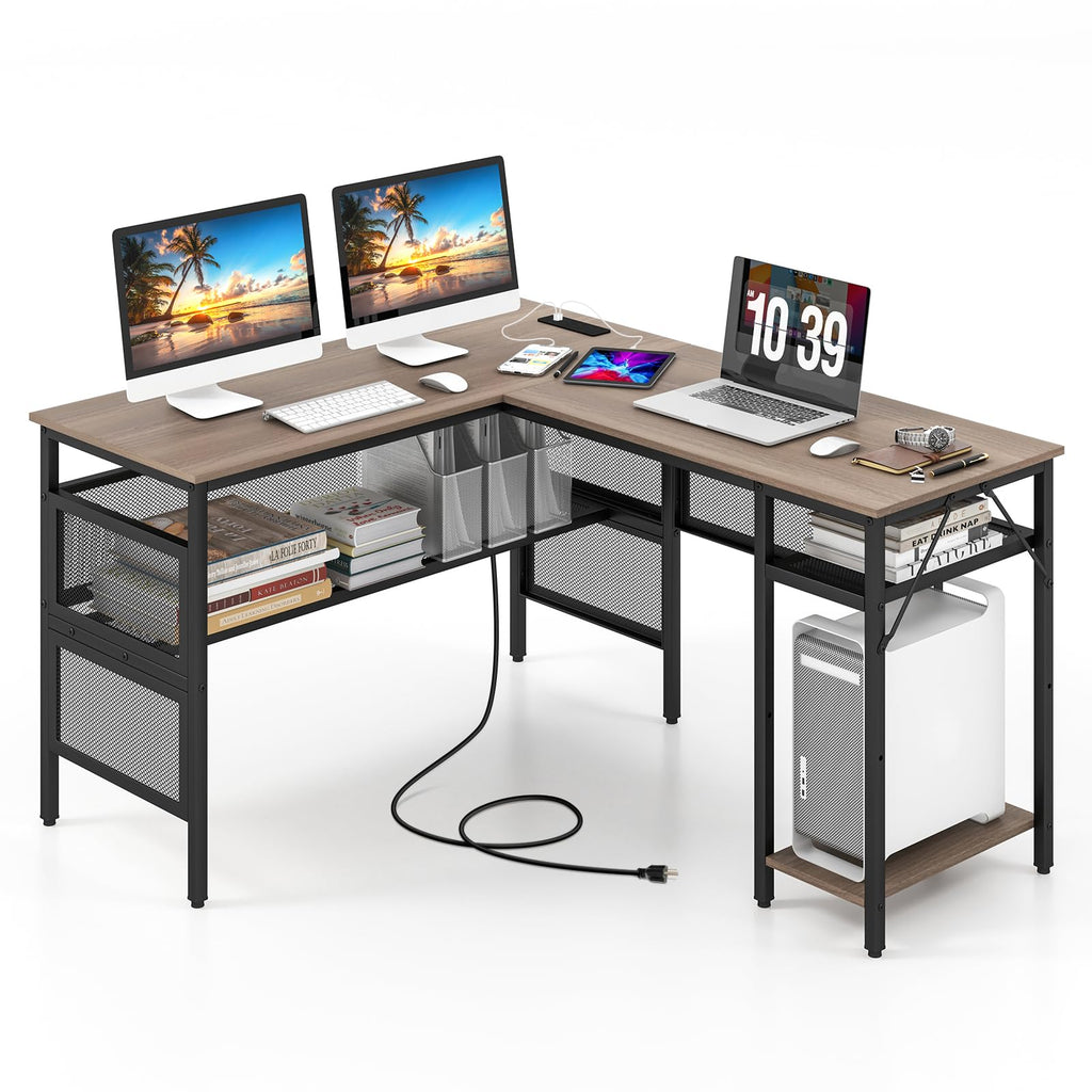 Tangkula Reversible L-Shaped Computer Desk with Charging Station & Shelves