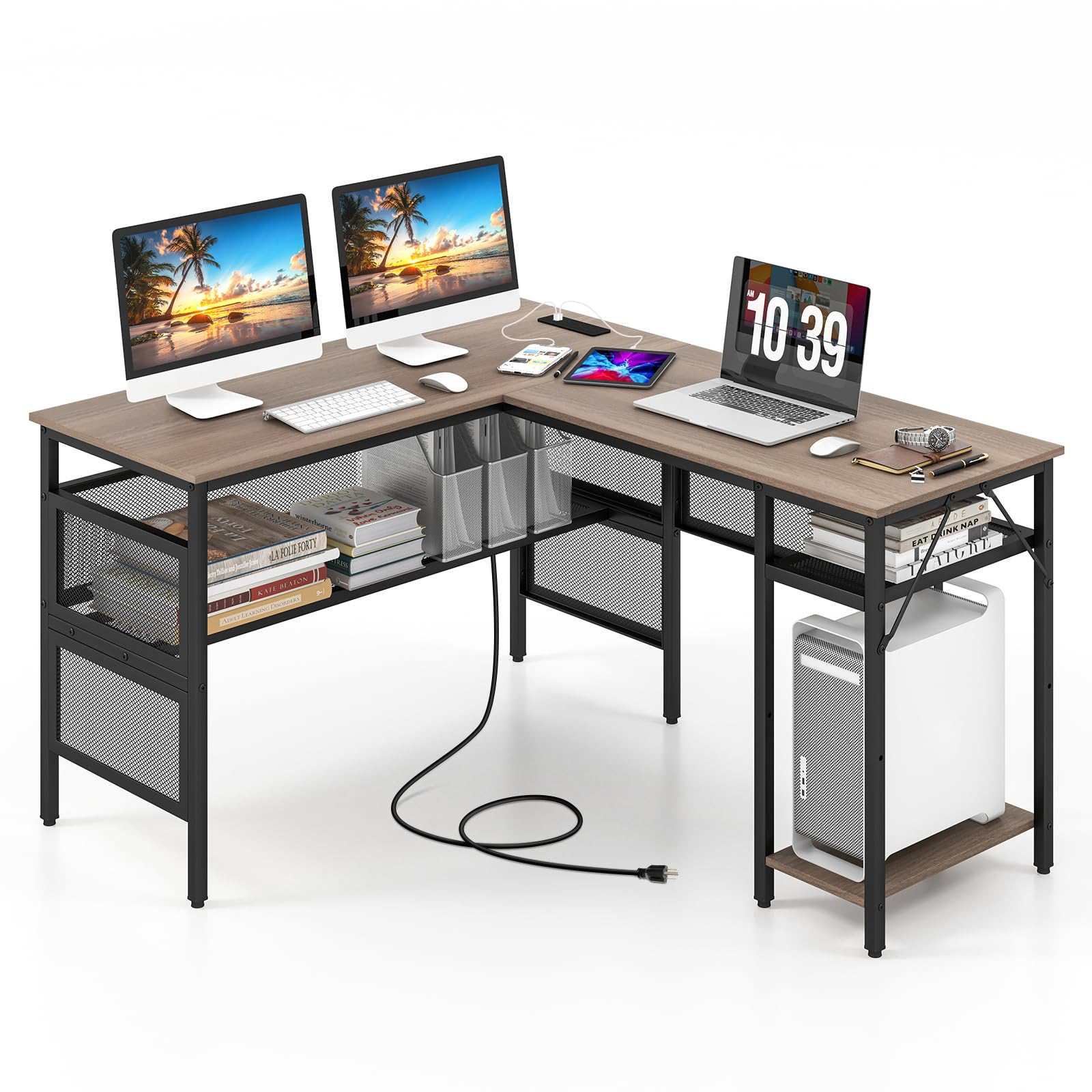 Tangkula Reversible L-Shaped Computer Desk with Charging Station & Shelves