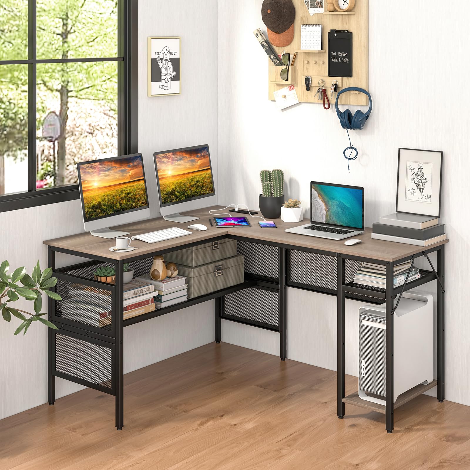 Tangkula Reversible L-Shaped Computer Desk with Charging Station & Shelves