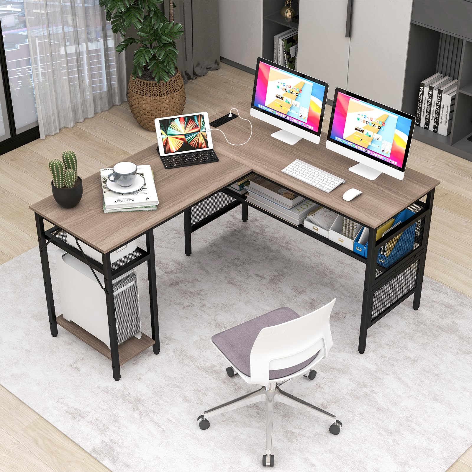 Tangkula Reversible L-Shaped Computer Desk with Charging Station & Shelves