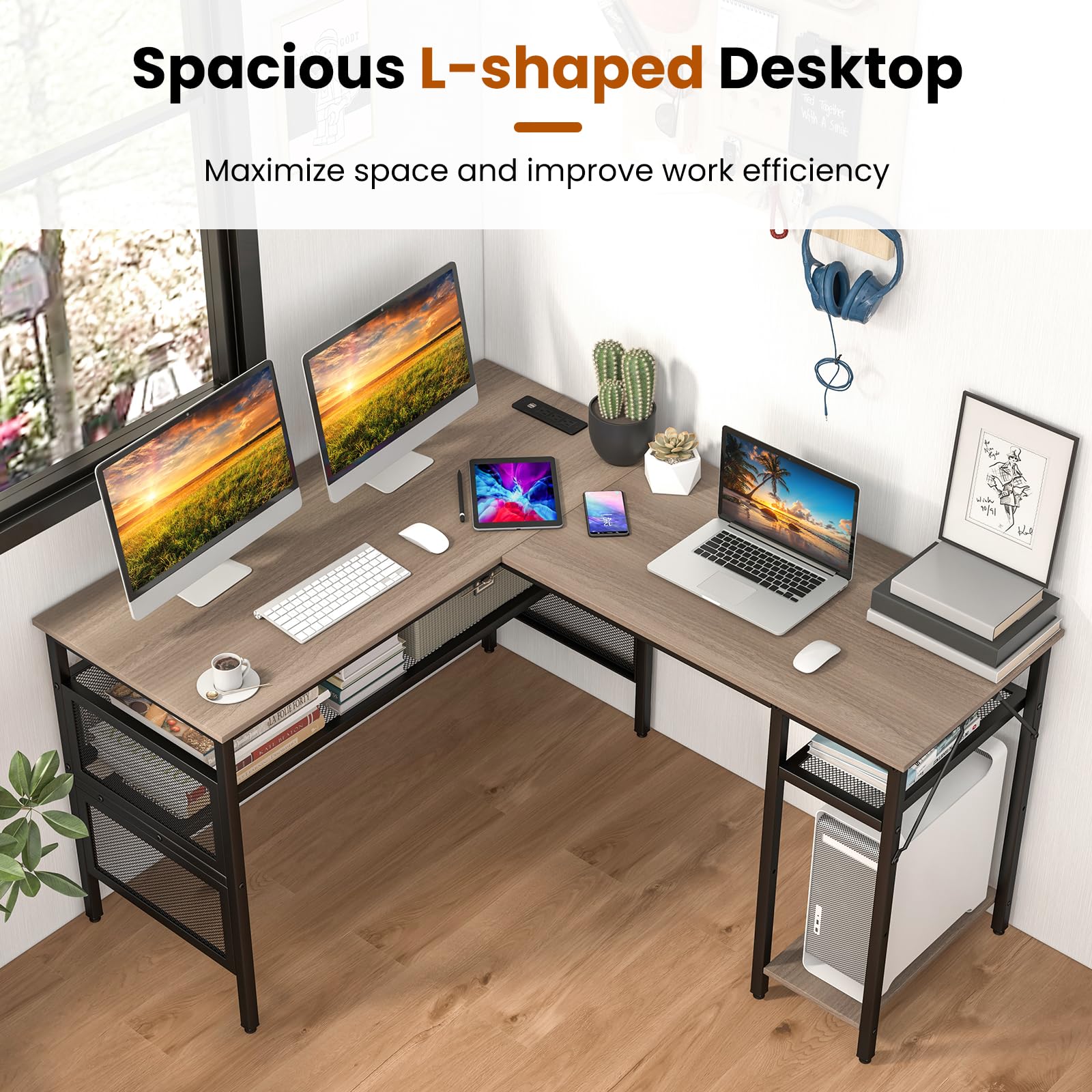 Tangkula Reversible L-Shaped Computer Desk with Charging Station & Shelves