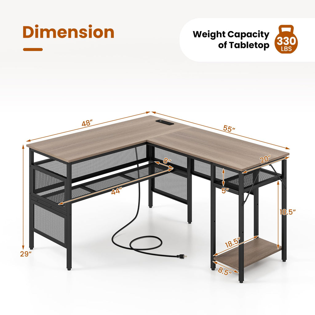 Tangkula Reversible L-Shaped Computer Desk with Charging Station & Shelves