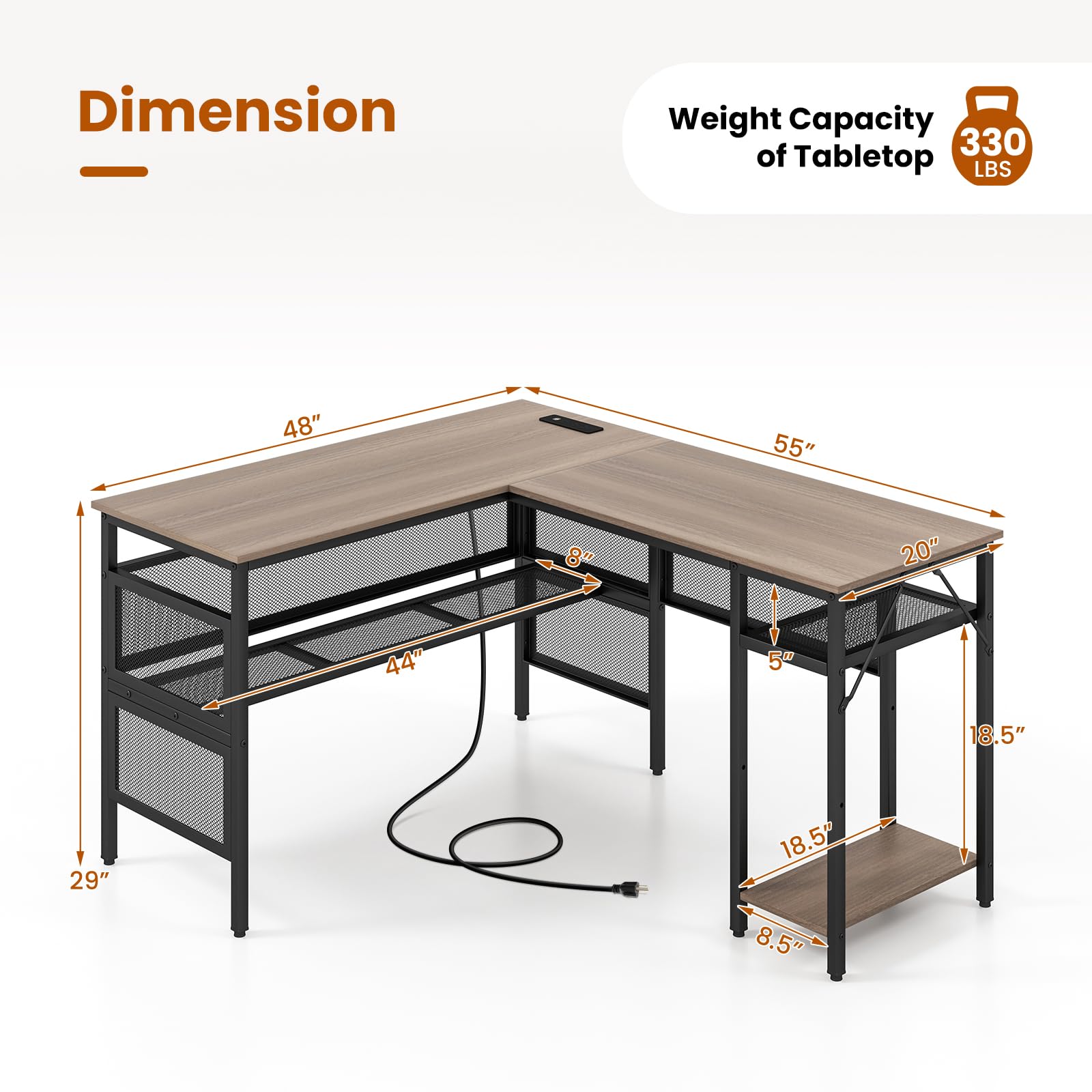 Tangkula Reversible L-Shaped Computer Desk with Charging Station & Shelves