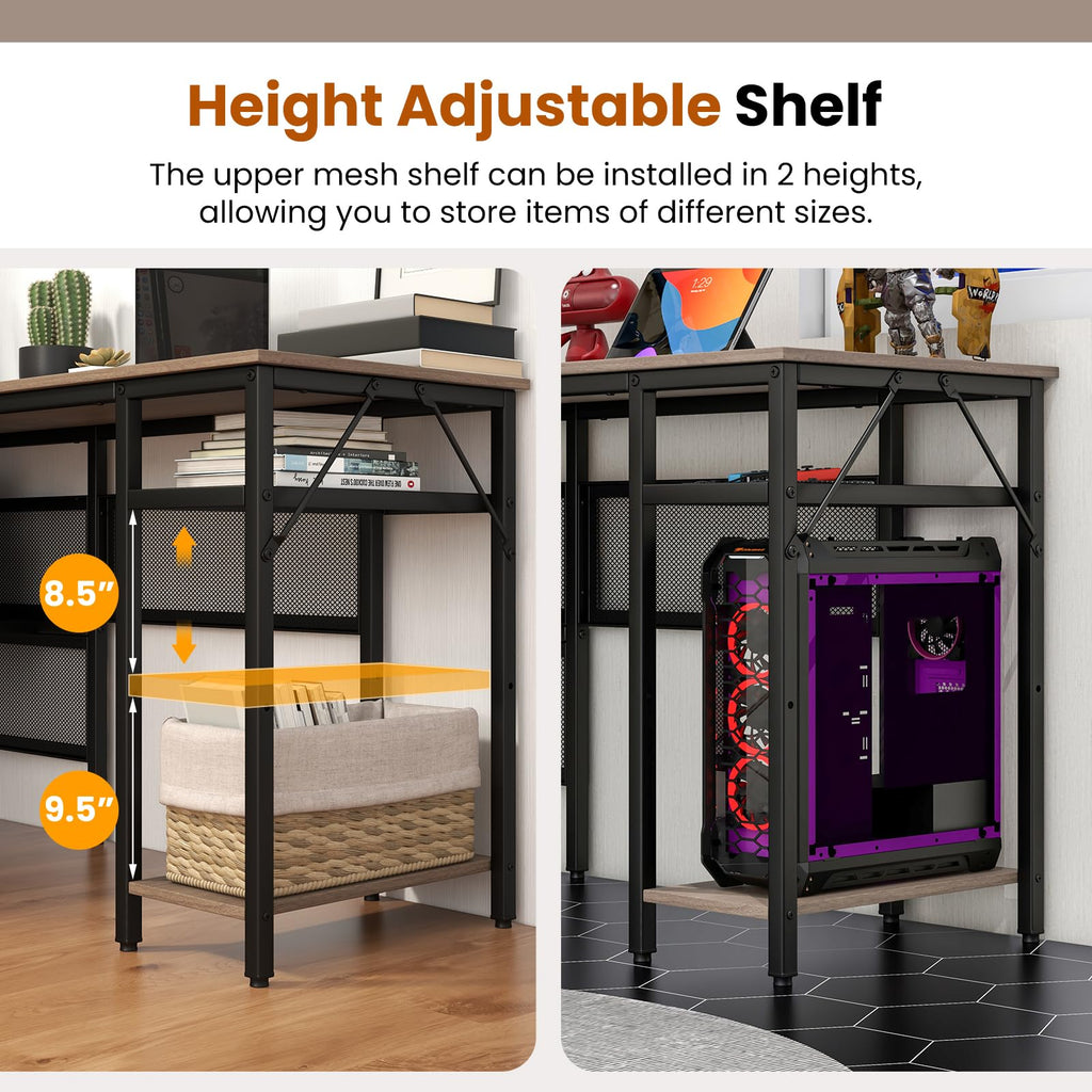 Tangkula Reversible L-Shaped Computer Desk with Charging Station & Shelves