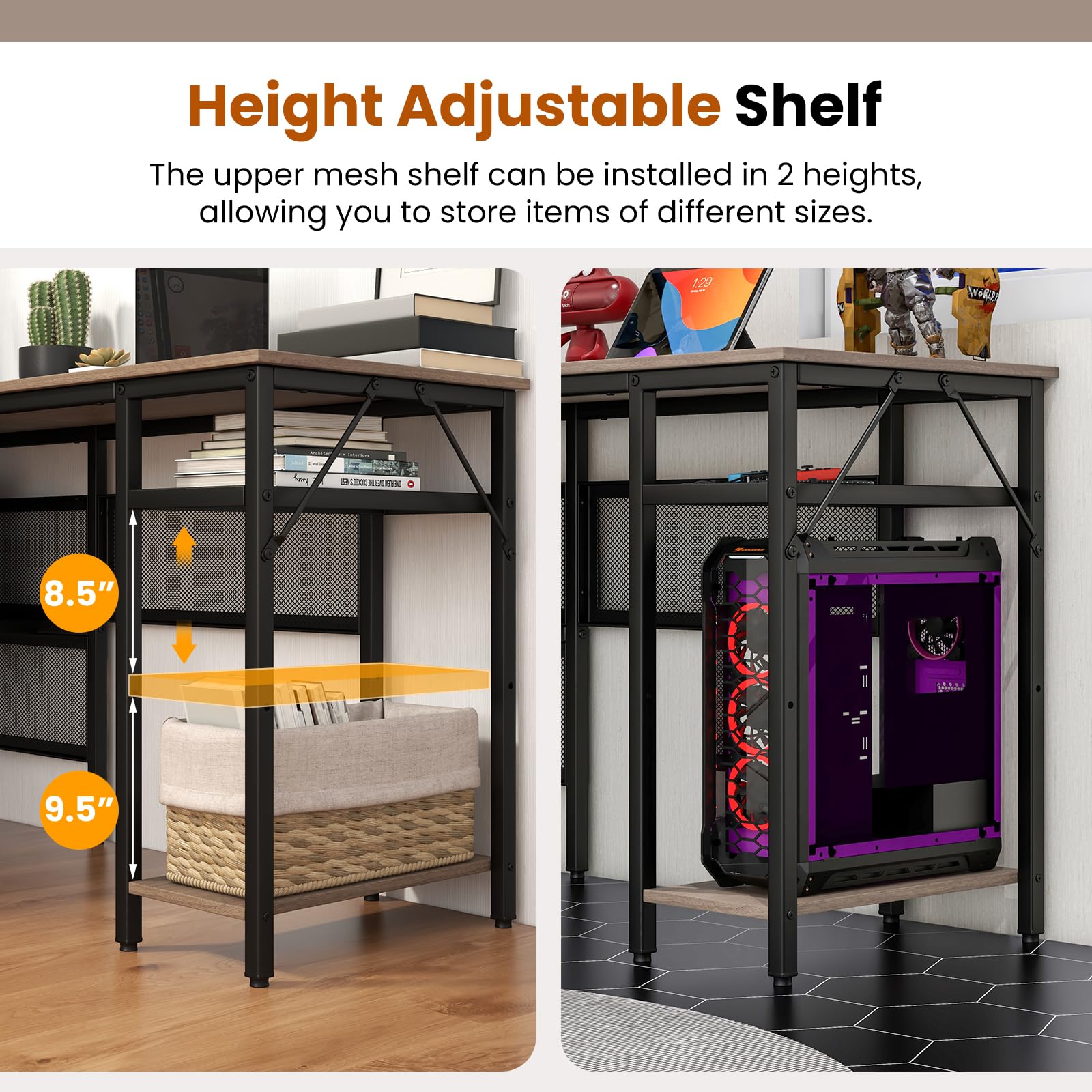Tangkula Reversible L-Shaped Computer Desk with Charging Station & Shelves