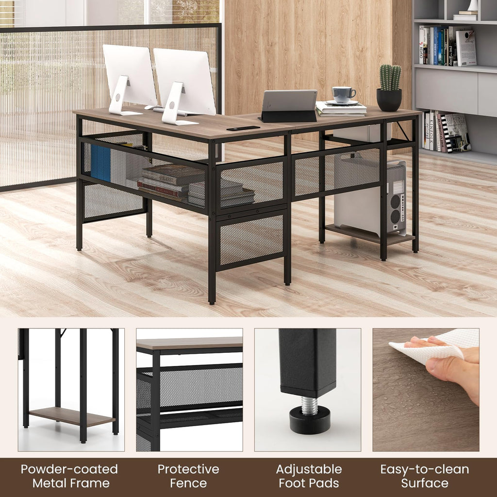 Tangkula Reversible L-Shaped Computer Desk with Charging Station & Shelves
