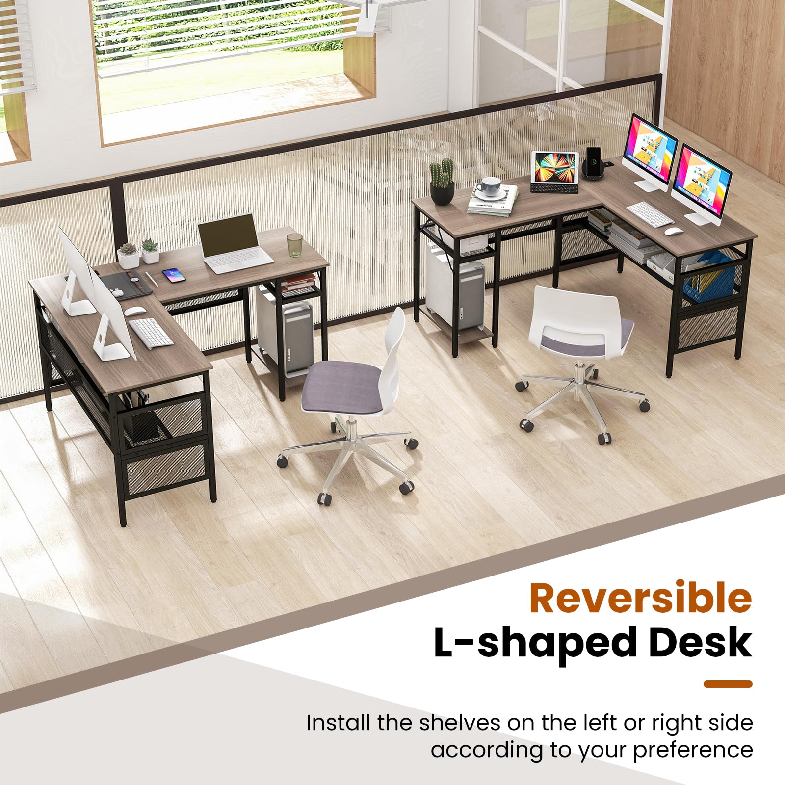 Tangkula Reversible L-Shaped Computer Desk with Charging Station & Shelves
