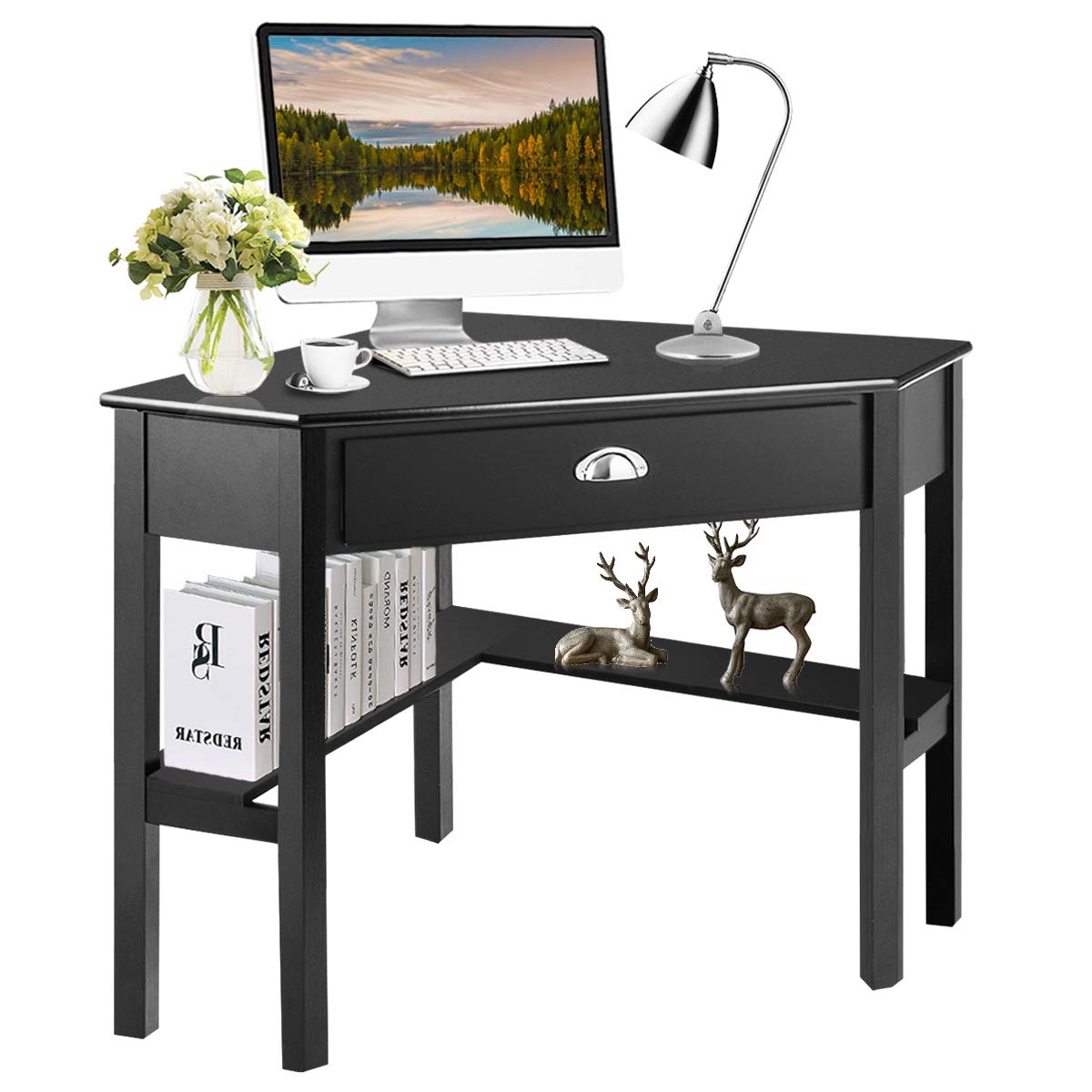 Tangkula Corner Desk, Corner Computer Desk with Smooth Keyboard Tray for Small Space