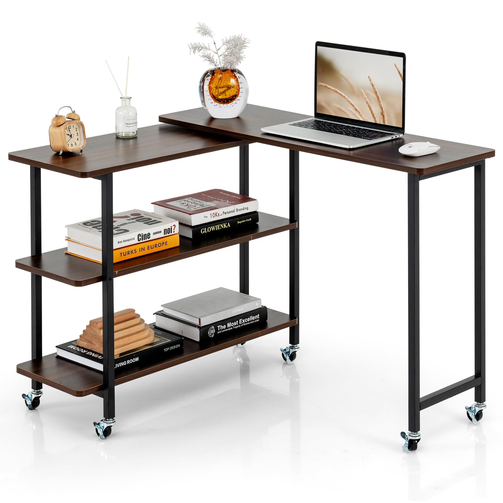 Tangkula 360°Rotating Sofa Side Table, Mobile End Table with 2-Tier Storage Shelves