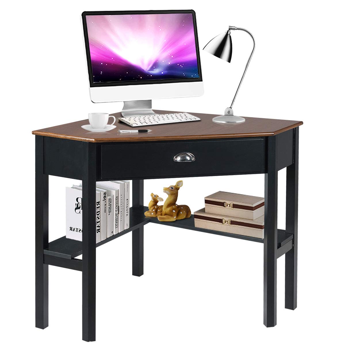 Tangkula Corner Desk, Corner Computer Desk with Smooth Keyboard Tray for Small Space