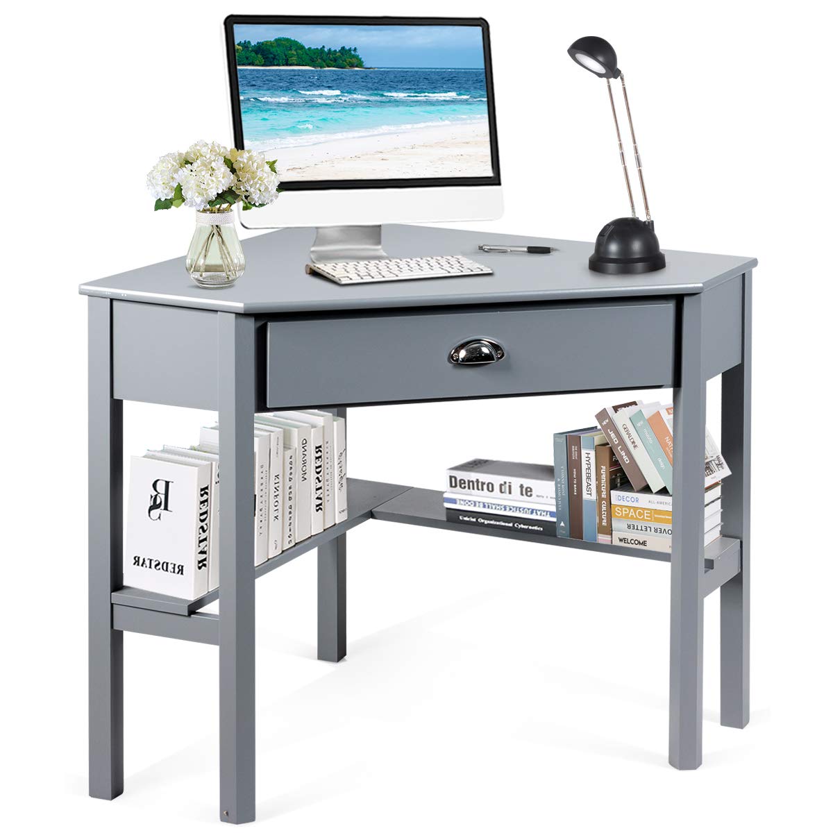 Tangkula Corner Desk, Corner Computer Desk with Smooth Keyboard Tray for Small Space