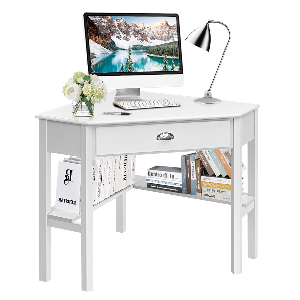 Tangkula Corner Desk, Corner Computer Desk with Smooth Keyboard Tray for Small Space