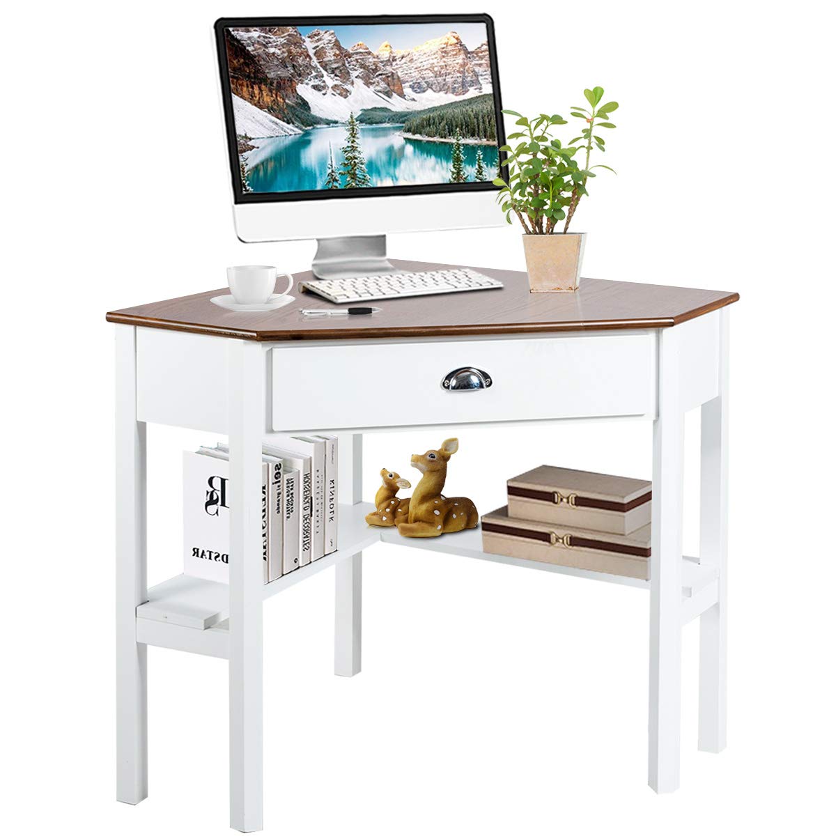 Tangkula Corner Desk, Corner Computer Desk with Smooth Keyboard Tray for Small Space