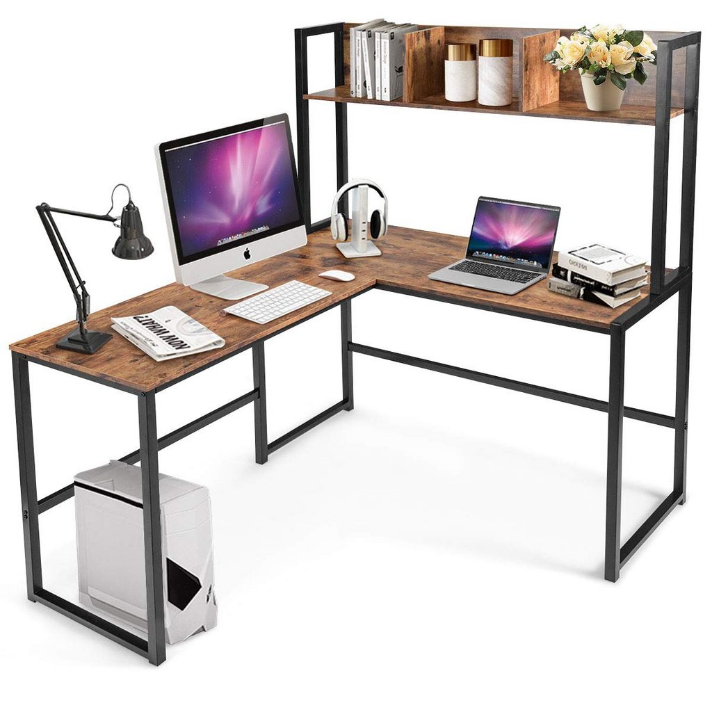 Tangkula Reversible L-Shaped Desk with Hutch, Space Saving Corner Computer Desk with Storage Bookshelf