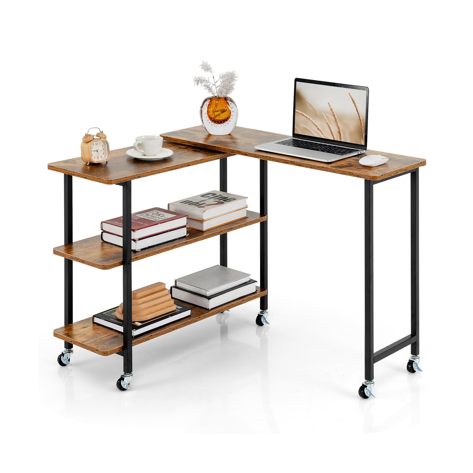 Tangkula 360°Rotating Sofa Side Table, Mobile End Table with 2-Tier Storage Shelves