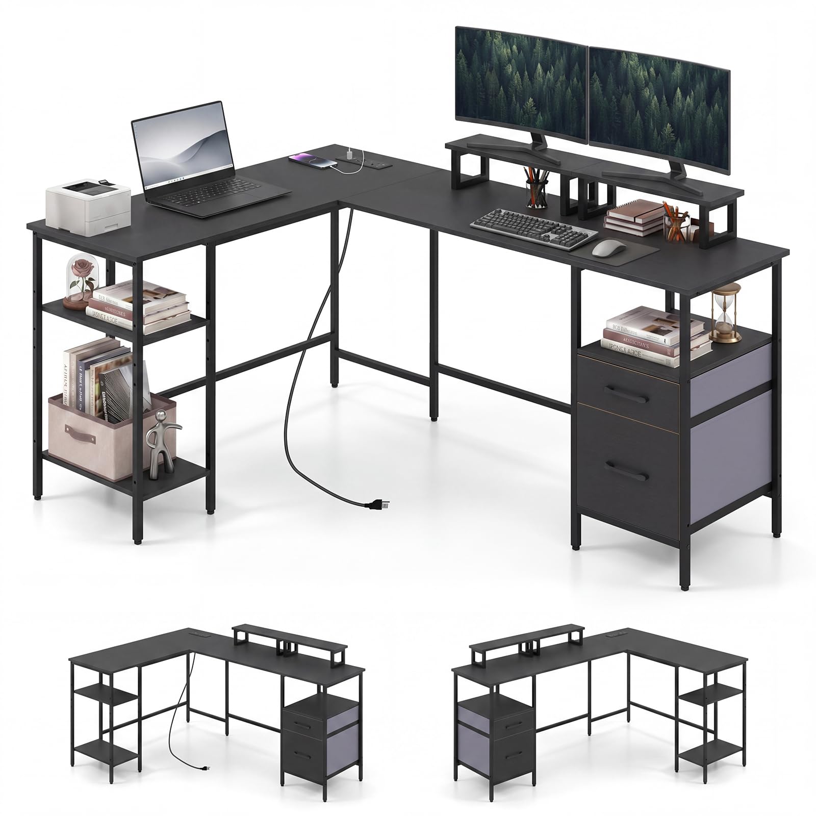 Tangkula 63" Reversible L Shaped Desk with Storage Drawers & Monitor Stand | Power Outlet