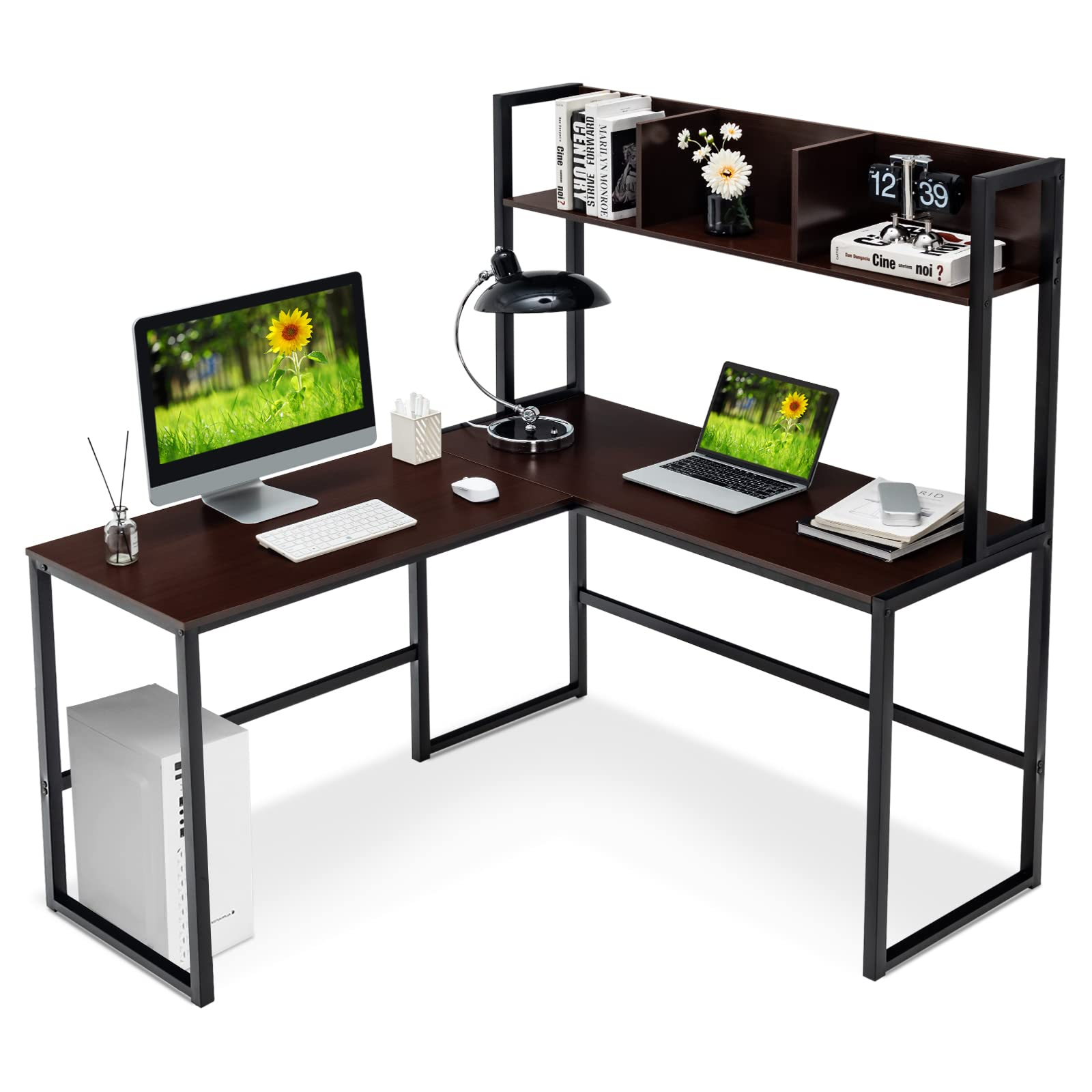 Tangkula Reversible L-Shaped Desk with Hutch, Space Saving Corner Computer Desk with Storage Bookshelf