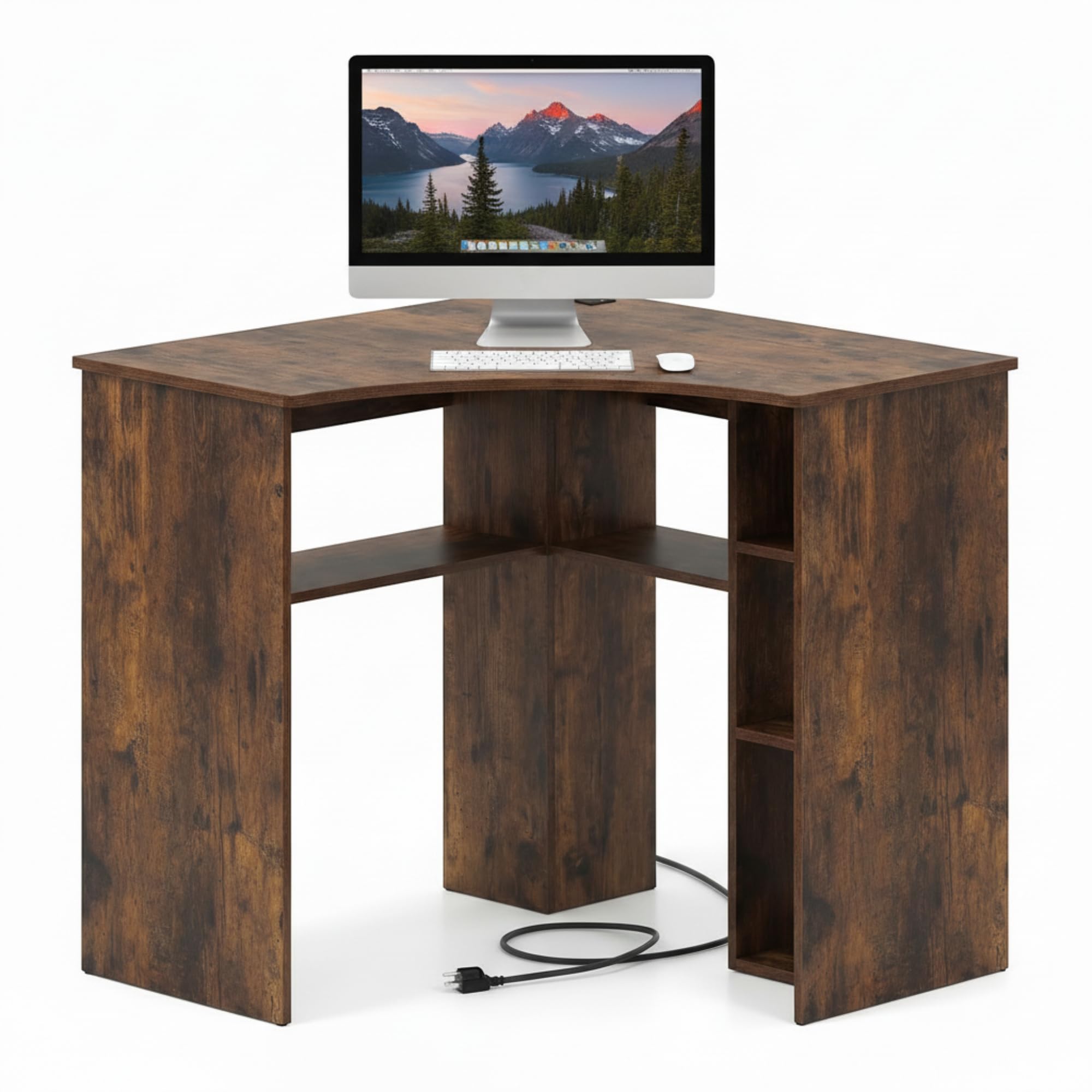 Tangkula 90-Degree Triangle Corner Desk with Charging Station & Open Storage Shelves
