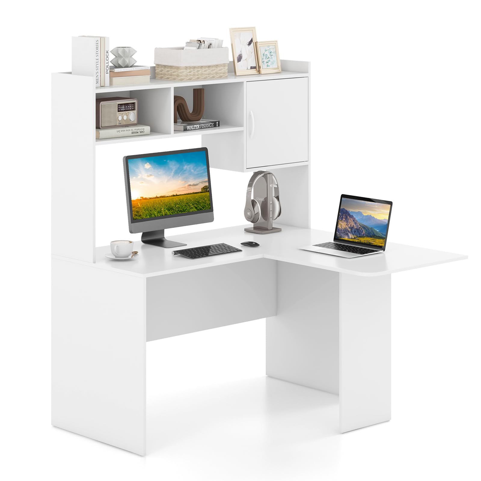 Tangkula L-Shaped Desk with Storage Hutch, Corner Computer Desk with Shelves & Cabinet, White