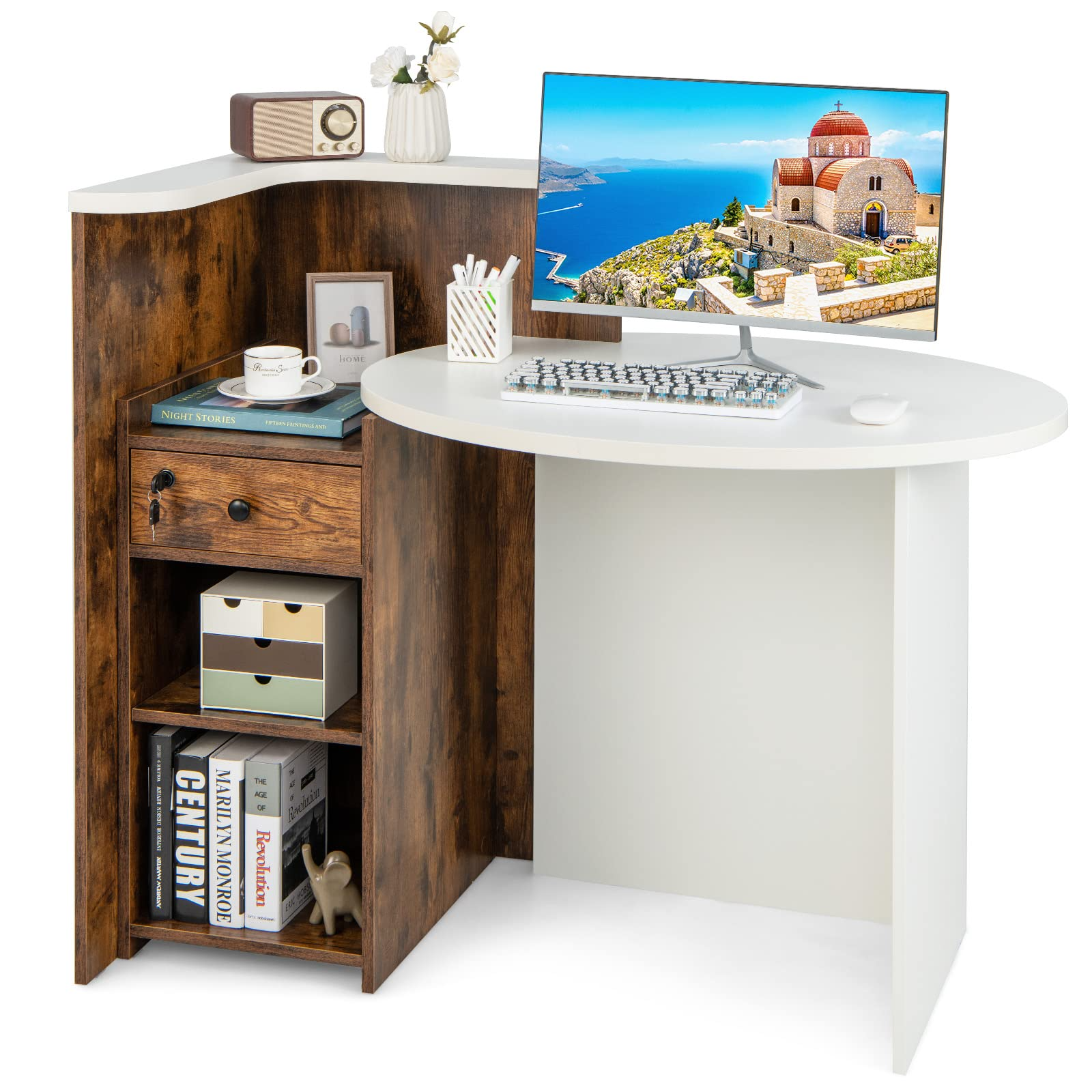 Tangkula Reception Desk, Front Counter Desk with Lockable Drawer & Adjustable Shelf