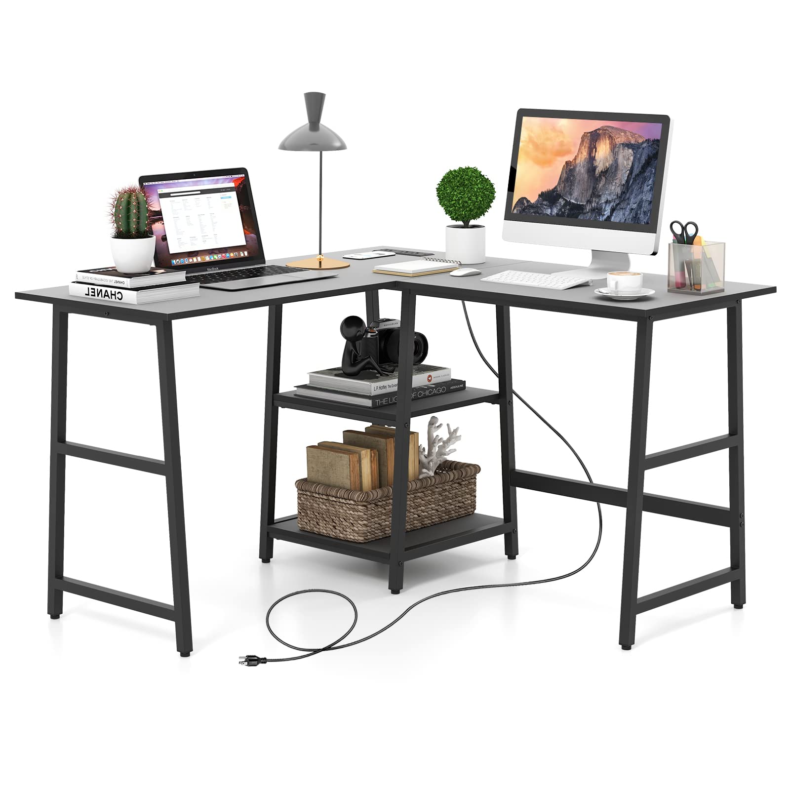 L Shaped Desk, Space Saving Corner Desk w/ 2 Tier Storage Shelves