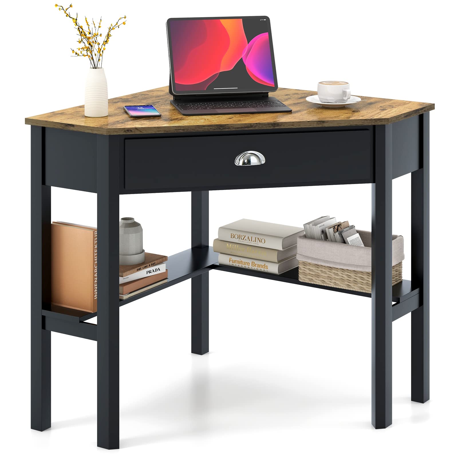 Tangkula Corner Desk, Corner Computer Desk with Smooth Keyboard Tray for Small Space