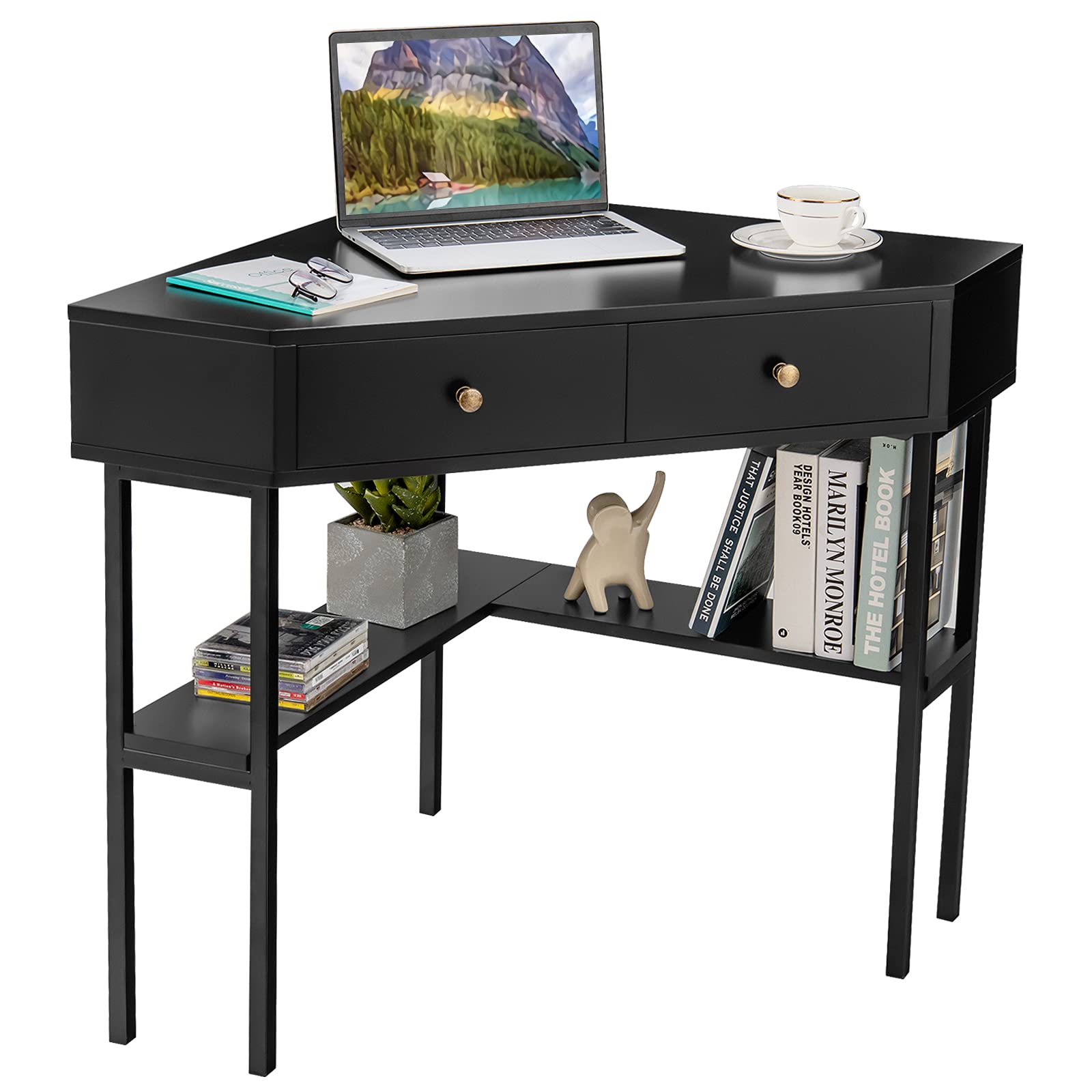 Corner Desk with 2 Drawers, 90° Triangle Corner Computer Desk for Small Space