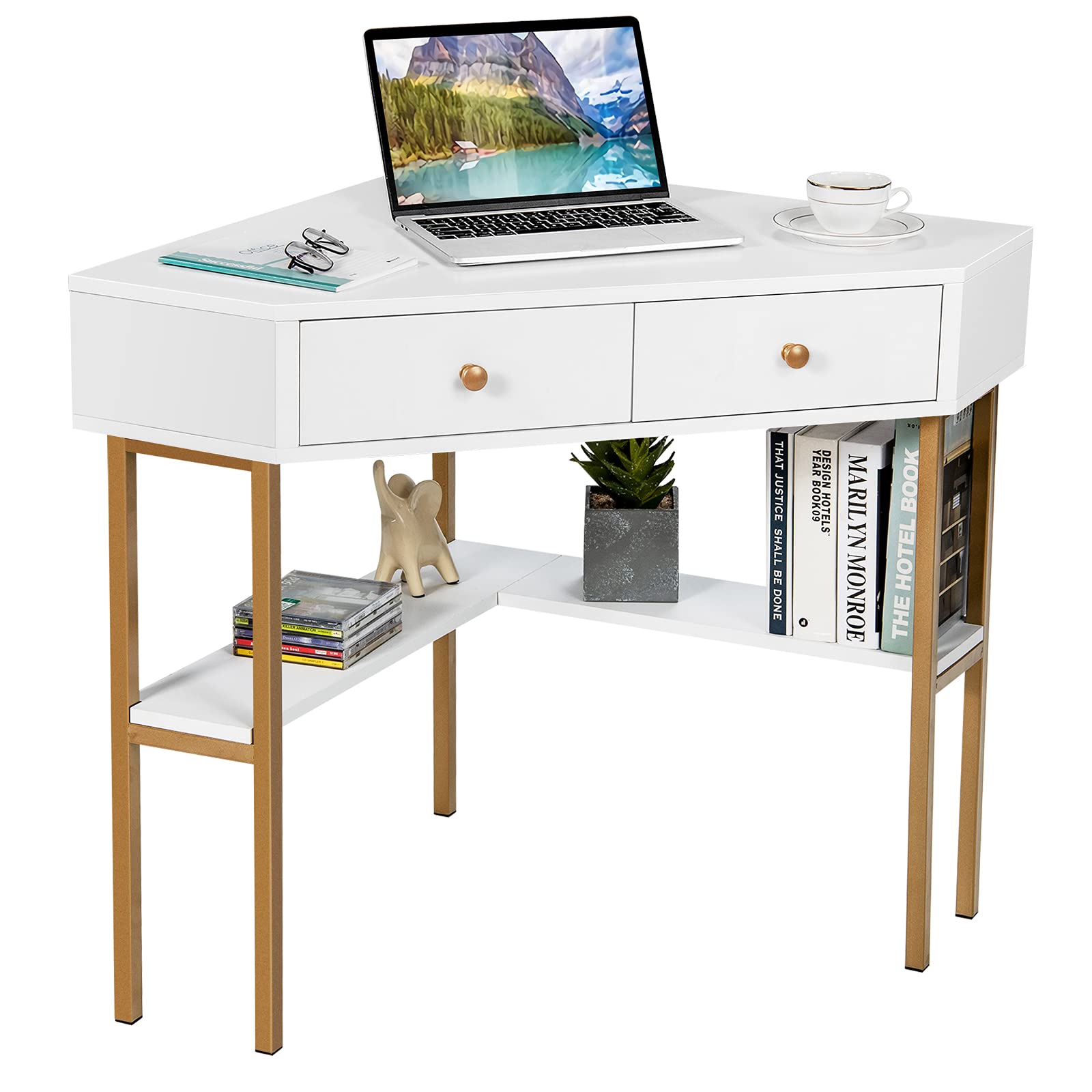 Corner Desk with 2 Drawers, 90° Triangle Corner Computer Desk for Small Space