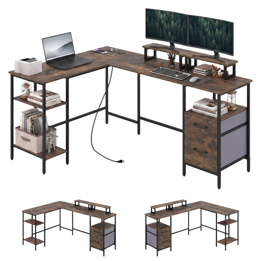 Tangkula 63" Reversible L Shaped Desk with Storage Drawers & Monitor Stand | Power Outlet