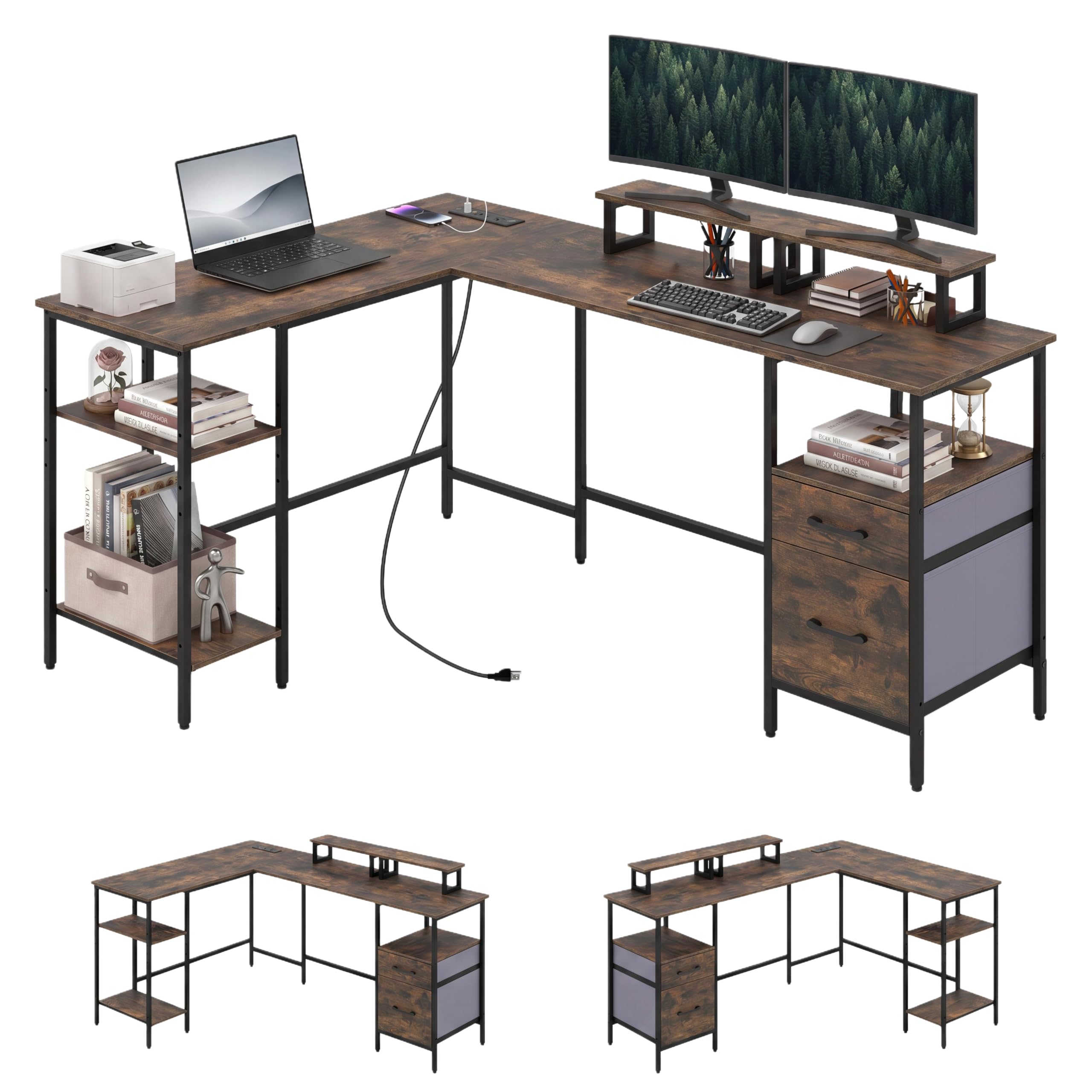 Tangkula 63" Reversible L Shaped Desk with Storage Drawers & Monitor Stand | Power Outlet