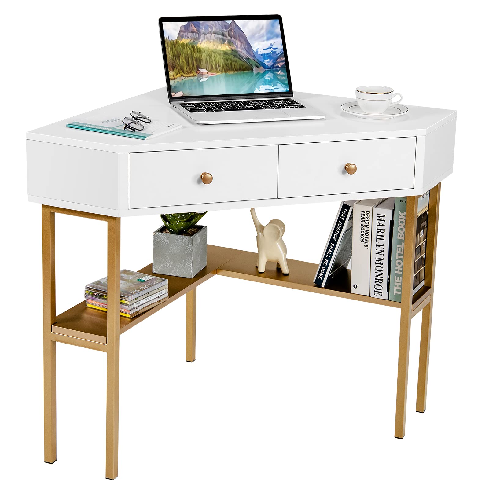 Corner Desk with 2 Drawers, 90° Triangle Corner Computer Desk for Small Space