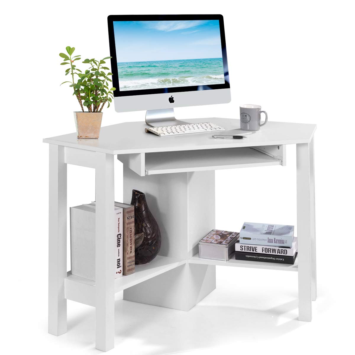 Tangkula Corner Desk, Corner Computer Desk with Smooth Keyboard Tray for Small Space