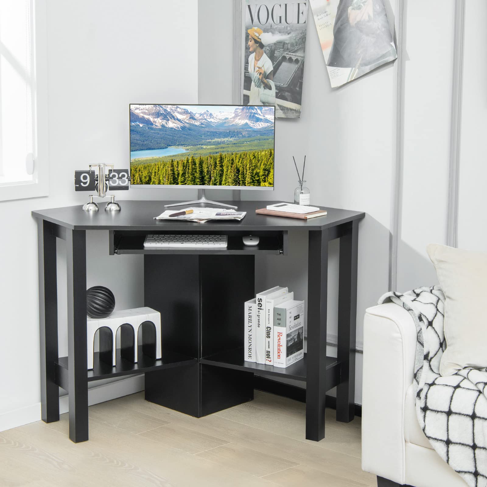 Tangkula Corner Desk, Corner Computer Desk with Smooth Keyboard Tray for Small Space
