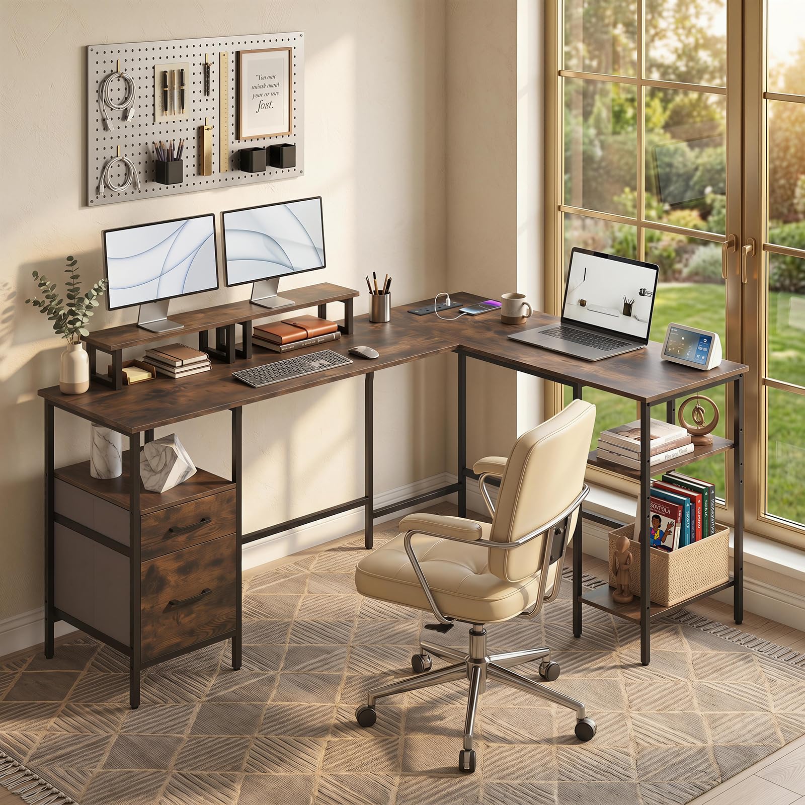 Tangkula 63" Reversible L Shaped Desk with Storage Drawers & Monitor Stand | Power Outlet