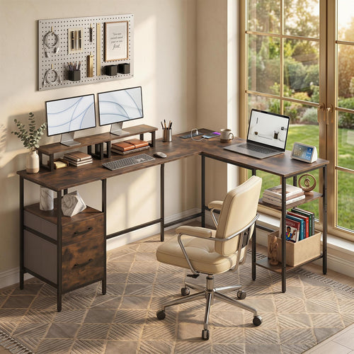 Tangkula 63" Reversible L Shaped Desk with Storage Drawers & Monitor Stand | Power Outlet