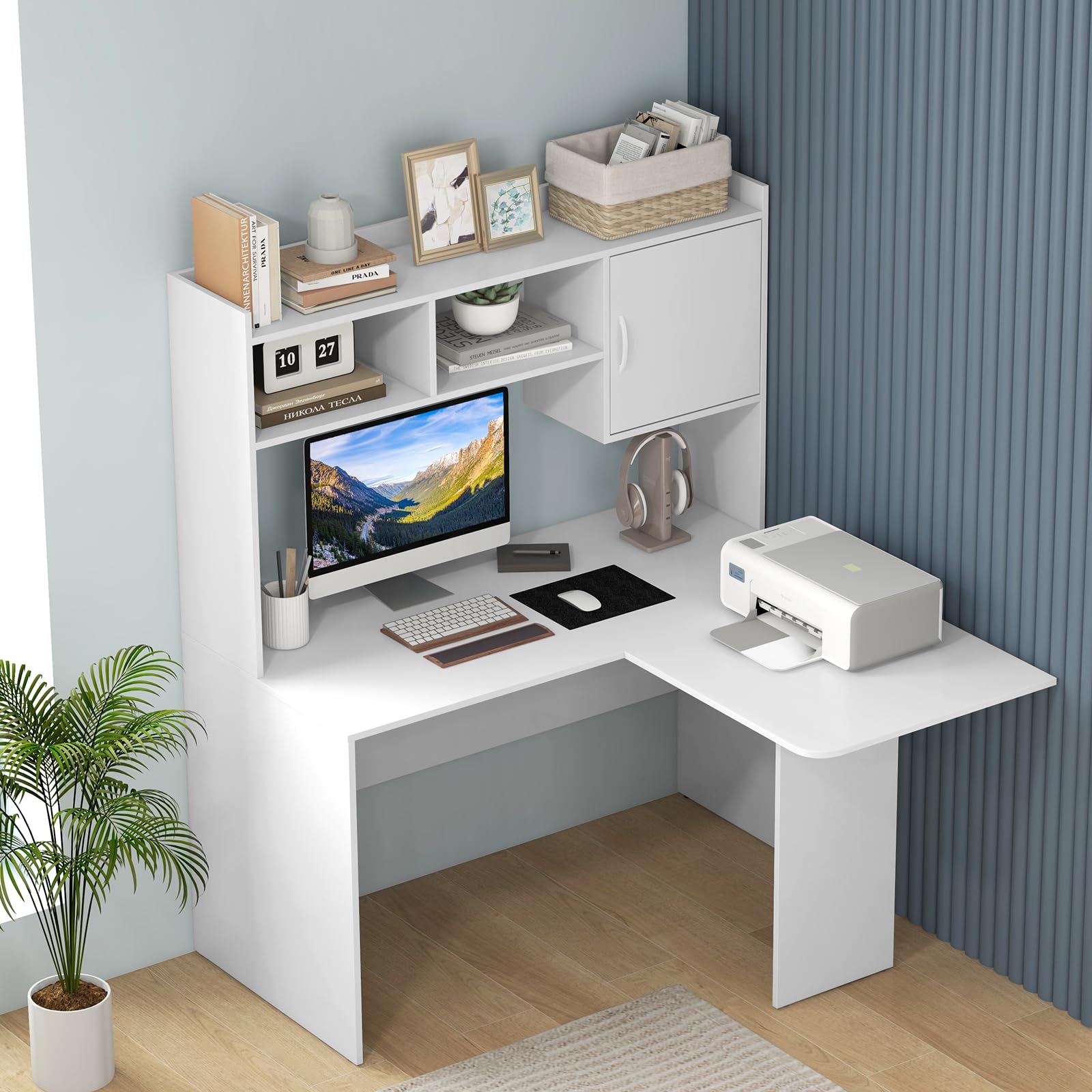 Tangkula L-Shaped Desk with Storage Hutch, Corner Computer Desk with Shelves & Cabinet, White