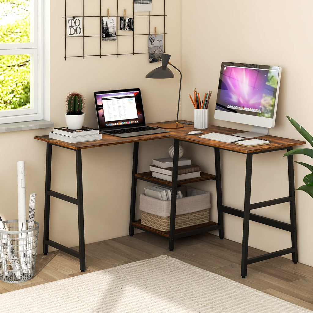 L Shaped Desk, Space Saving Corner Desk w/ 2 Tier Storage Shelves