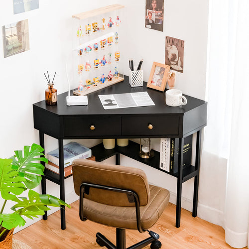 Corner Desk with 2 Drawers, 90° Triangle Corner Computer Desk for Small Space