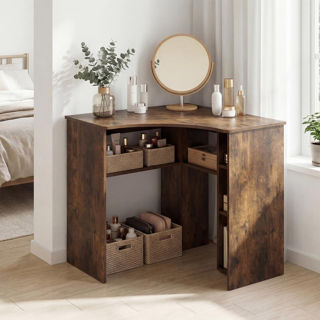 Tangkula 90-Degree Triangle Corner Desk with Charging Station & Open Storage Shelves