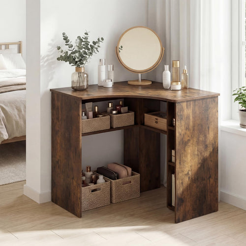 Tangkula 90-Degree Triangle Corner Desk with Charging Station & Open Storage Shelves