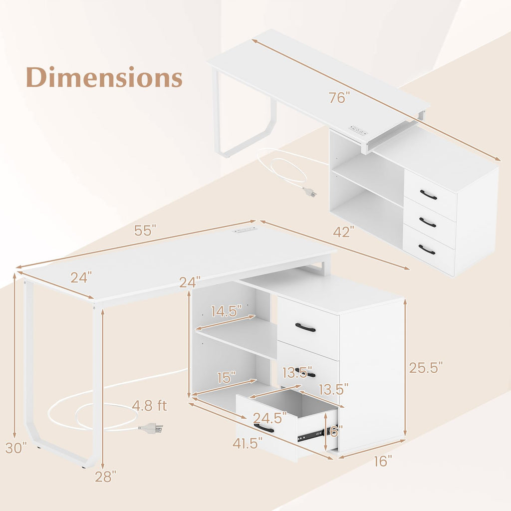Tangkula 55" Reversible L Shaped Desk with 3 Drawers