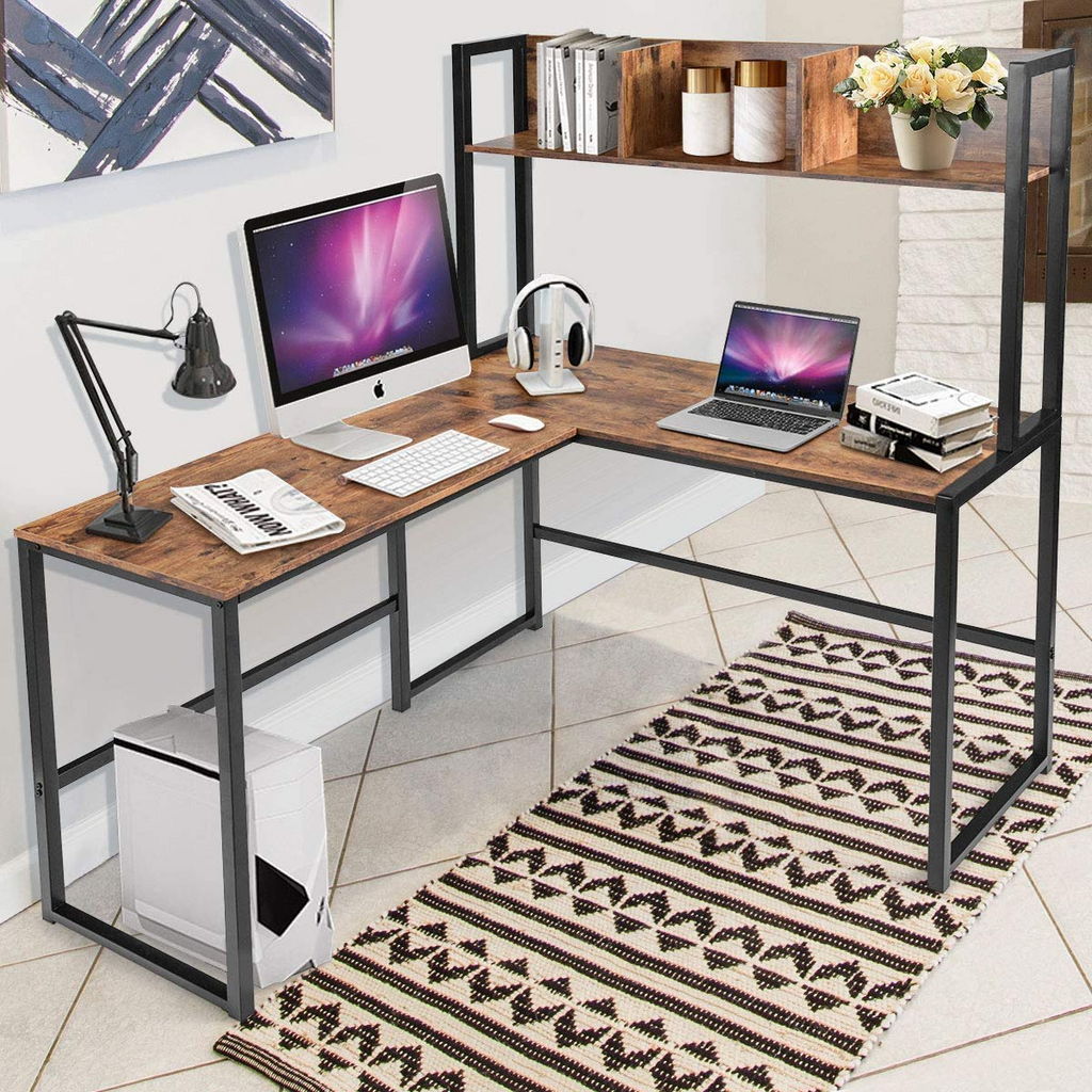 Tangkula Reversible L-Shaped Desk with Hutch, Space Saving Corner Computer Desk with Storage Bookshelf