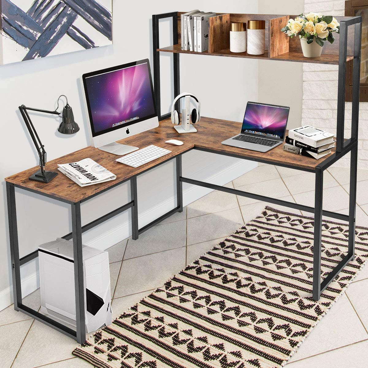 Tangkula Reversible L-Shaped Desk with Hutch, Space Saving Corner Computer Desk with Storage Bookshelf